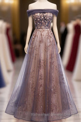 Unique Tulle Off Shoulder Lace Long Semi Formal Prom Dress, Lace Semi Formal Prom Dress